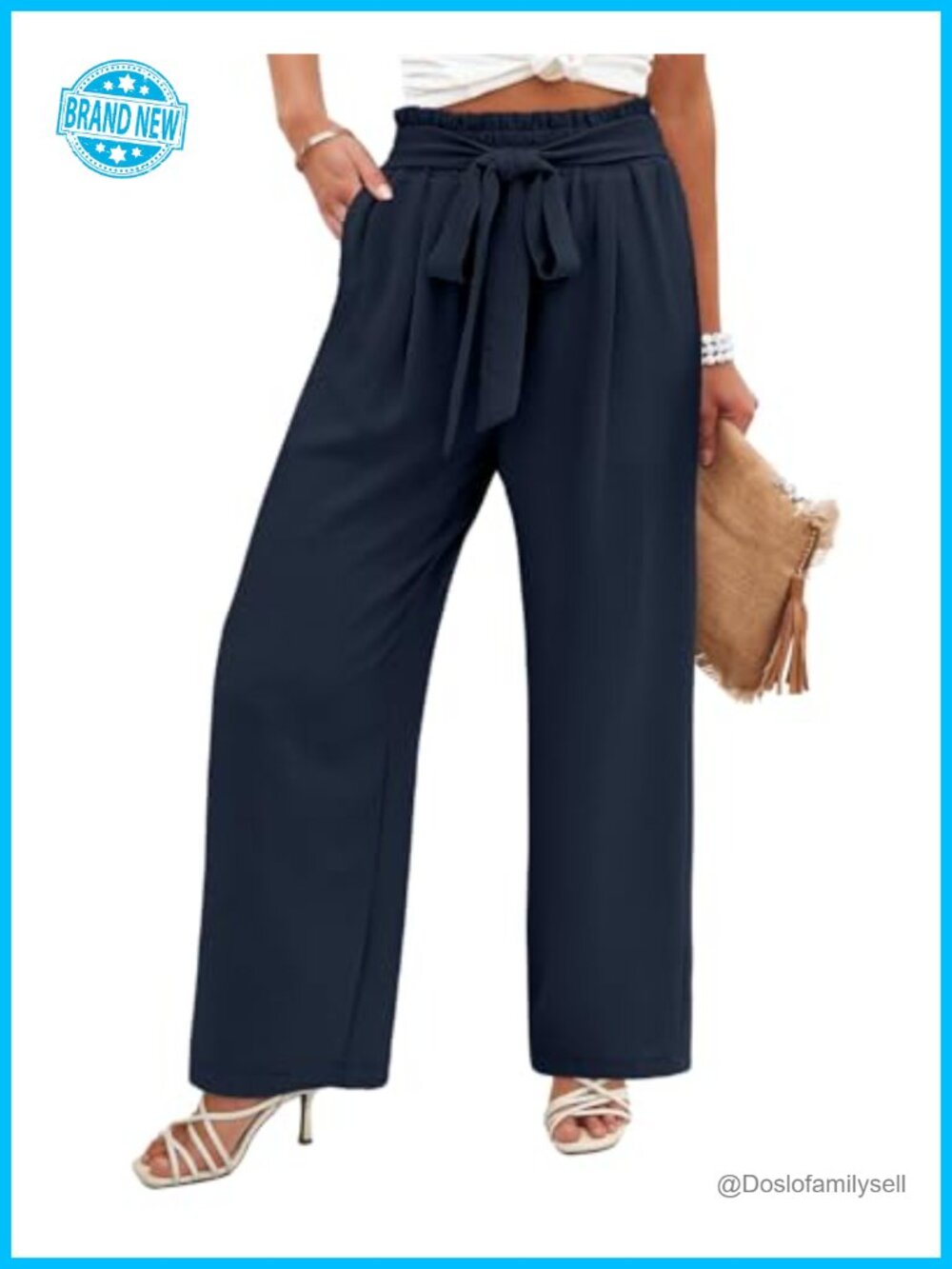 Wide Leg Pants High Elastic Waist Adjustable Knot Flowy Trousers with Pockets